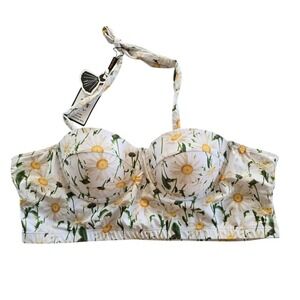 Retro Stage Daisy Bikini Top Women 3XL White Floral Pinup Rockabilly Cottagecore